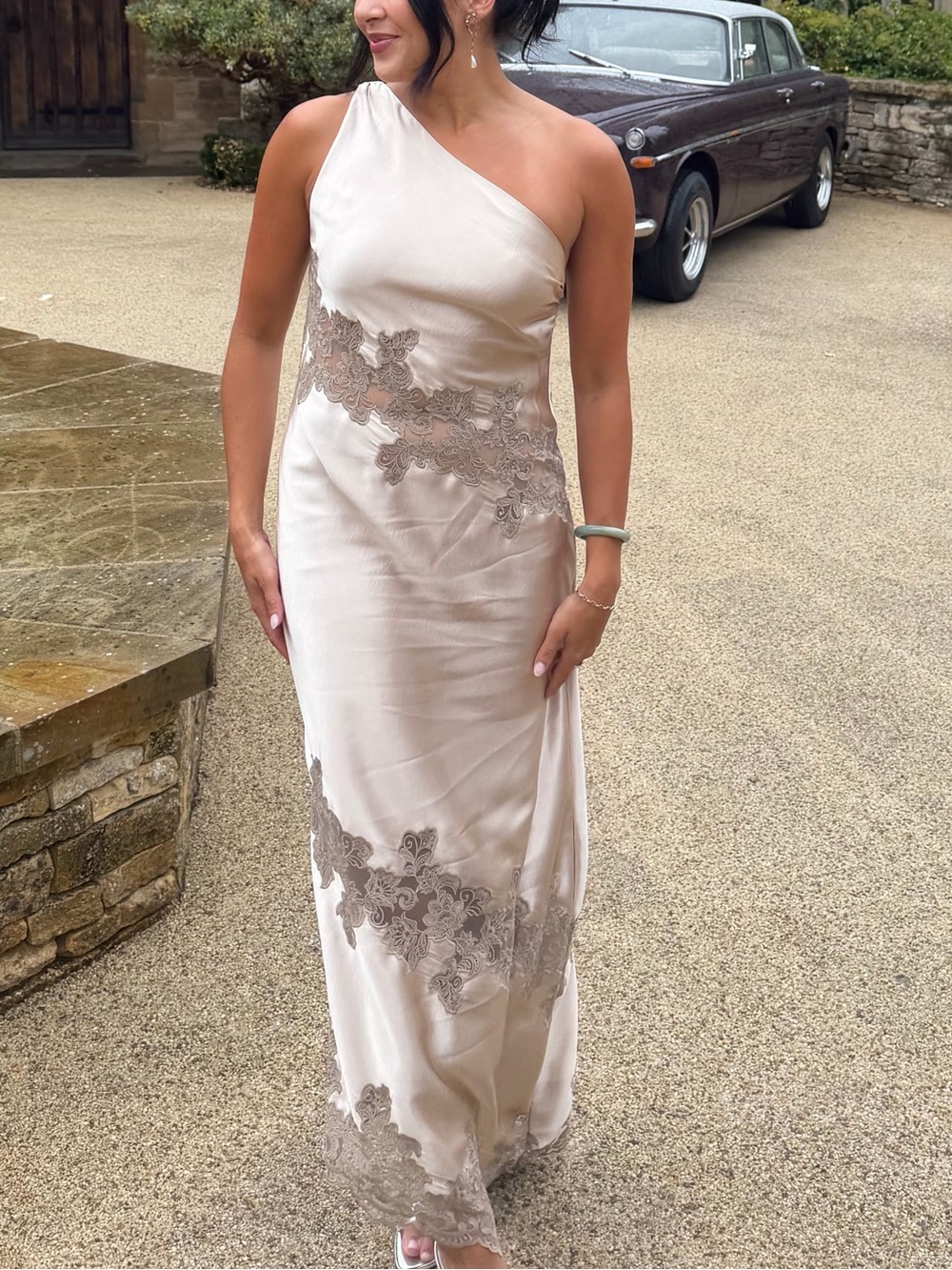 Zara One-Shoulder Cream Evening Gown with Lace Appliqué